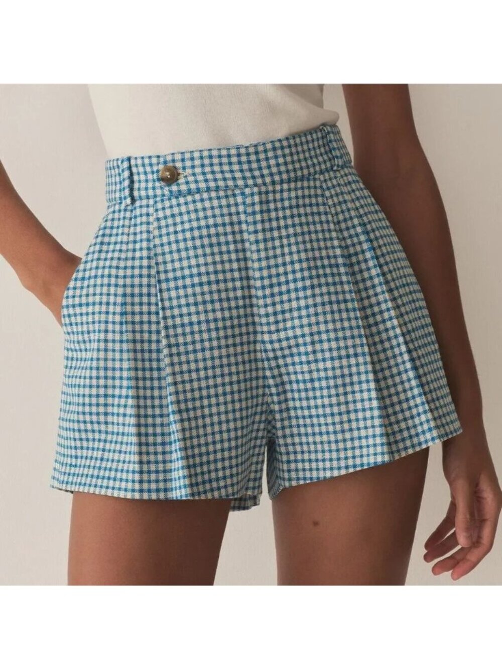 Doen Kingsley Short Southhampton Blue Gingham Plaid Pleated Shorts Womens Size 2